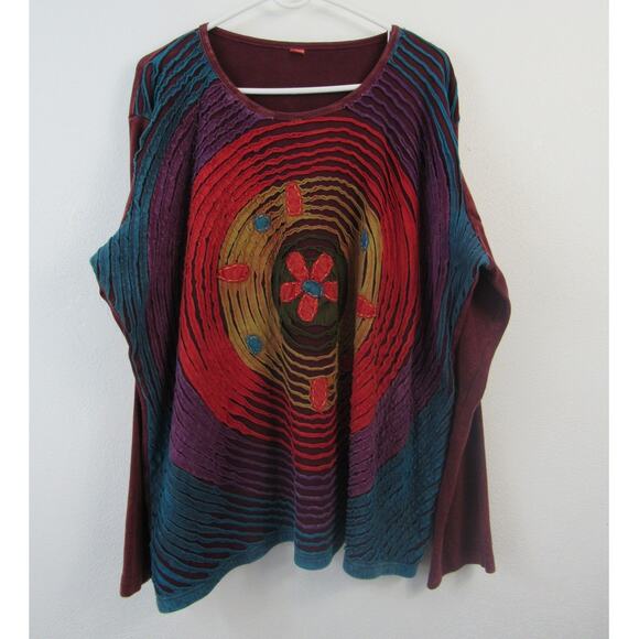XL Women's Burgundy Long Sleeve Lightweight Sweater Artsy  Boho Multi Color - Picture 1 of 6